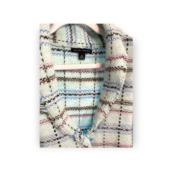 Banana Republic Wool and Angora Baby Blue/ Pink Fringed Blazer Size Medium - Picture 7 of 8